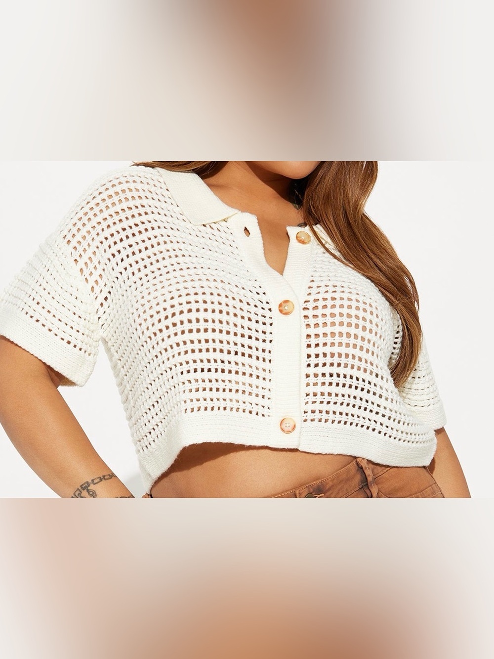 Cropped Open-Knit Button-Front Polo Top in Cream